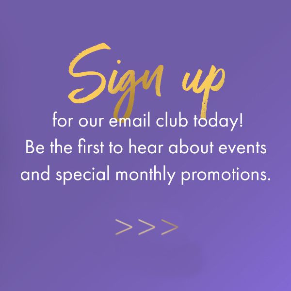 Purple square with text that reads sign up for our email club today.